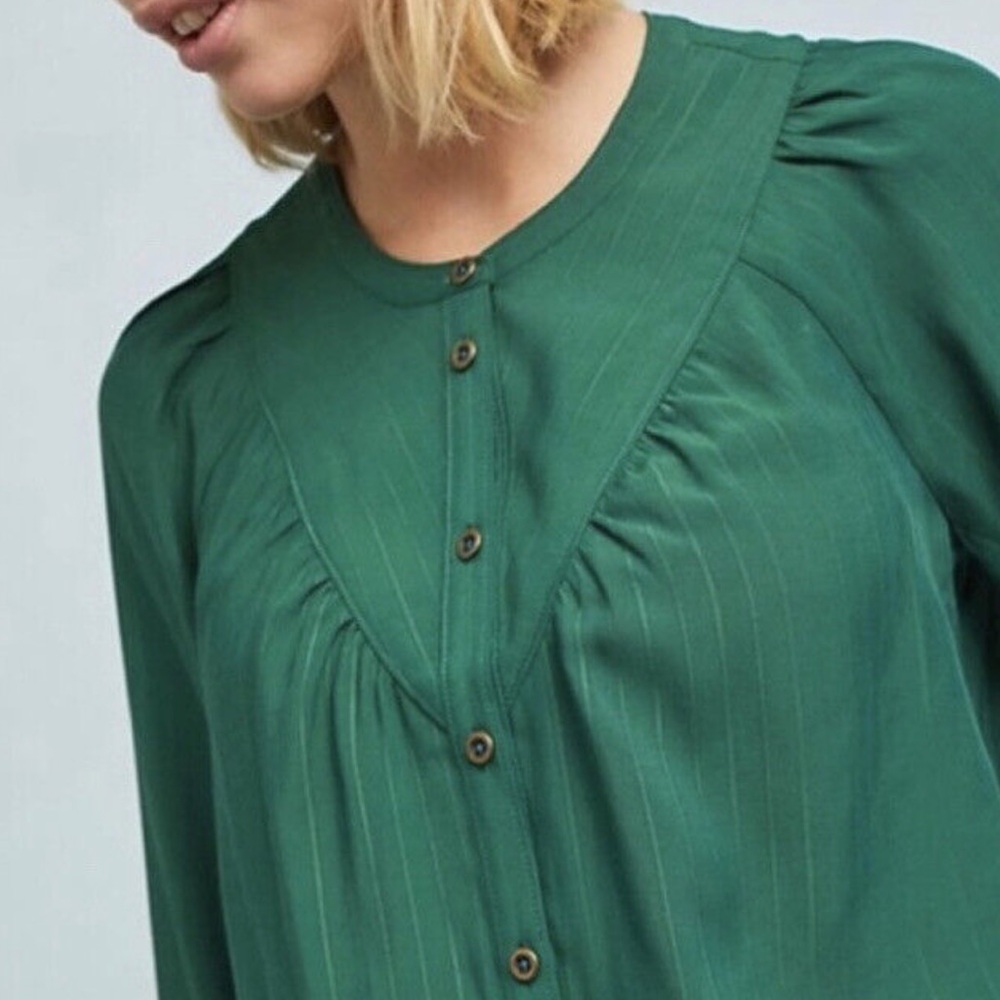 Maeve by Anthropologie Avignon Dark Green Pleated Button Front Stripe Blouse S - Picture 2 of 9